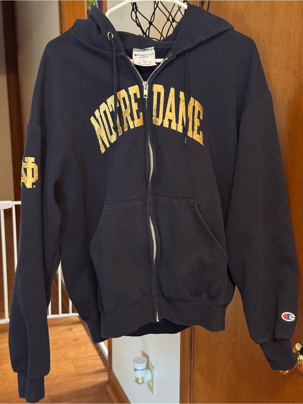 Champion Navy Zip-Up Hoodie with Gold 'Notre Dame' Print
